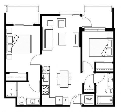 Floor plan for 2 beds, 2 baths, 687 sqft